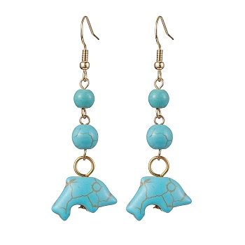 Synthetic Turquoise Dangle Earrings, 304 Stainless Steel Jewelry for Women, Dolphin, 60x19.5mm