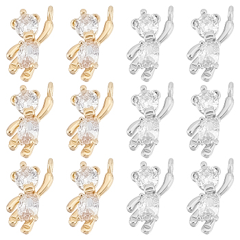 12Pcs 2 Style Brass Cubic Zirconia Charms, Bear, Clear, Real Gold Plated & Real Platinum Plated, 12x6x3mm, Hole: 1mm, 6pcs/color