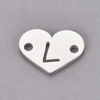 304 Stainless Steel Links, Heart with Letter, Stainless Steel Color, Letter.L, 9x12x1mm, Hole: 1.2mm