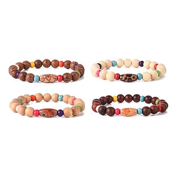 Wooden Beaded Bracelet Sets, Synthetic Turquoise(Dyed) Bead Stretch Bracelets for Women, Mixed Color, Inner Diameter: 2-1/8 inch(5.4cm), 4pcs/set