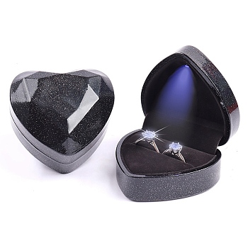 Glitter Heart Shaped Plastic Couple Ring Storage Boxes, Jewelry Ring Gift Case with Velvet Inside and LED Light, Black, 7.15x6.4x4.35cm