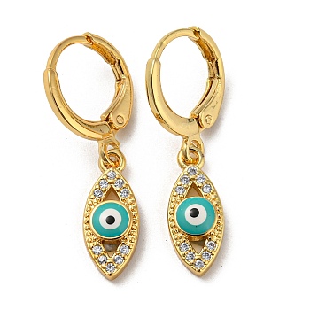 Real 18K Gold Plated Brass Dangle Leverback Earrings, with Enamel and Cubic Zirconia, Evil Eye, Dark Turquoise, 28x6mm
