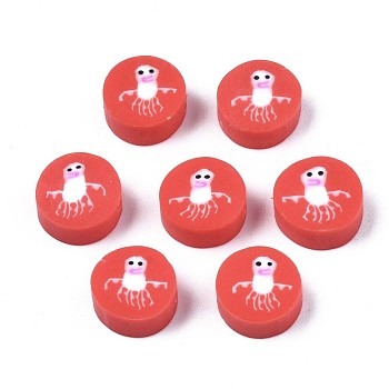 Handmade Polymer Clay Beads, Flat Round with Octopus Pattern, Red, 9.5~10x4.5mm, Hole: 1.8mm