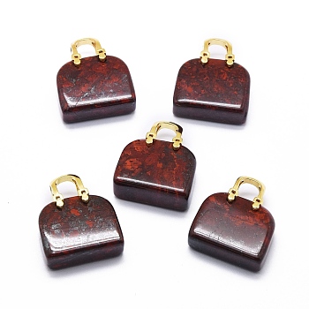 Natural Red Jasper Brass Pendants, Golden, Bag, 27~29x24~26x9~13mm, Hole: 6mm