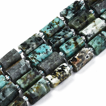 Natural African Turquoise(Jasper) Beads Strands, with Seed Beads, Faceted Column, 9~14x5~7x5~6mm, Hole: 1.2mm, about 15~16pcs/strand, 7.09 inch(18cm)