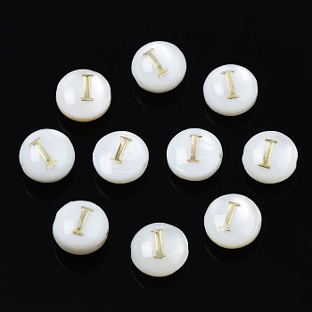 Natural Freshwater Shell Beads, with Golden Plated Brass Etched Metal Embellishments, Flat Round with Letter, Seashell Color, Letter.I, 6x4mm, Hole: 0.8mm
