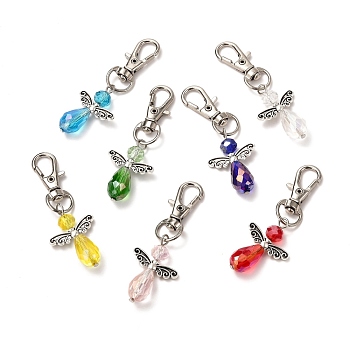 Faceted Teardrop Glass Pendants, with Faceted Glass Beads, Alloy Butterfly Beads & Swivel Lobster Claw Clasps, Iron Pins & Bead Caps, Angel, Mixed Color, 61mm, Pendant: 32x21.5x9.5mm