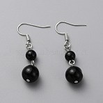 Natural Black Onyx Round Beaded Dangle Earrings, Platinum Plated Iron Jewelry for Women, 43mm, Pin: 0.7mm(EJEW-WH0001-11A)