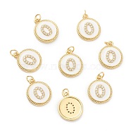 Brass Micro Pave Clear Cubic Zirconia Charms, Long-Lasting Plated, with Jump Rings and White Enamel, Flat Round with Number, Real 18K Gold Plated, Num.0, 14.5x12x2mm, Hole: 1.5mm(ZIRC-I052-16G-00)