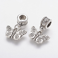 Tibetan Style Alloy European Dangle Charms, Large Hole Pendants, Butterfly, Antique Silver, 21mm, Hole: 5mm, Pendant: 10x15x3mm(PALLOY-F202-18AS)