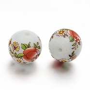 Flower Picture Printed Glass Round Beads, White, 14mm, Hole: 2mm(GLAA-J084-A02)