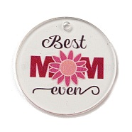 Mother's Day Opaque Acrylic Pendants, Flat Round with Word, Hot Pink, 45x3mm, Hole: 3.5mm(BACR-C001-02E)