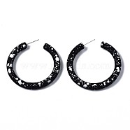 Spray Painted CCB Plastic Stud Earrings, Half Hoop Earrings, Ring, Silver, Black, 46x5.5mm, Pin: 0.7mm(EJEW-Q020-002B)
