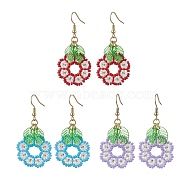 3 Pairs Handmade Seed Beads Dangle Earrings, Flower and Leaf, Light Blue, 53.5x24mm(EJEW-MZ00143)