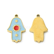 Ion Plating(IP) 304 Stainless Steel Manual Polishing Charms, with Enamel, Hamsa Hand/Hand of Miriam with Sun, Golden, 12x7.5x1.5mm, Hole: 0.9mm(STAS-C075-40G)