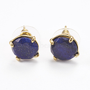 Natural Lapis Lazuli Stud Earrings, with Golden Tone Brass Findings, Faceted Flat Round, 11mm, Pin: 0.8mm(EJEW-L196-05A)