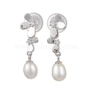 Natural Pearl Ear Studs, with Sterling Silver Micro Pave Clear Cubic Zirconia Findings, Oval & Flower, Platinum, 28x7mm(EJEW-P286-05P)