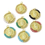 Rack Plating Brass pendants, with Glass Beads, Lead Free & Cadmium Free, Flat Round with Saint Charm, Real 18K Gold Plated, 23.5x24x3mm(KK-M271-01G)