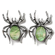 Dual-use Items Alloy Pave Dyed Shell Spider Brooch, with Jet Rhinestone, Antique Silver, Light Green, 57.5~58x41.5~42x12.5mm, Hole: 4x3mm(JEWB-C026-04G-AS)