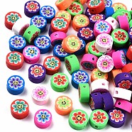 Handmade Polymer Clay Beads, Flat Round with Flower & Smiling Face, Mixed Color, 9.5x4.5mm, Hole: 1.5mm(CLAY-T020-31)