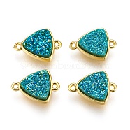 Brass Links connectors, with Druzy Resin, Triangle, Golden, Sea Green, 16x11.5x5mm, Hole: 1.2mm(KK-O107-10G-C)