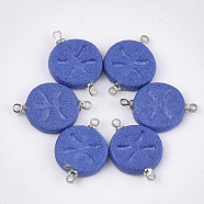 Handmade Porcelain Links connectors, Frosted, with Brass Findings, Flat Round with Constellation, Platinum, Blue, Pisces, 22x15~15.5x3mm, Hole: 1.5mm(PORC-T002-124I)