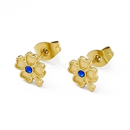 Rhinestone Clover Stud Earrings, Golden 304 Stainless Steel Jewelry for Women, Capri Blue, 8.5x7mm, Pin: 0.8mm(EJEW-P212-24G-02)