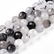 Natural Tourmalinated Quartz Beads Strands, Round with Faceted, 9~10mm, Hole: 0.9mm, about 19~20pcs/strand, 7.40~7.80''(18.8~19.8cm)(G-S345-10mm-30)