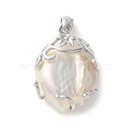 925 Sterling Silver Pave Natural Pearl Pendants, Oval Charms, Rhodium Plated, Real Platinum Plated, 27x19x8.5mm, Hole: 5x3.5mm(STER-M092-05P)