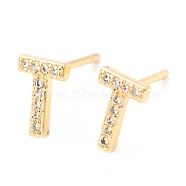 Brass Micro Pave Clear Cubic Zirconia Stud Earrings, Greek Alphabet, Real 18k Gold Plated, Letter.T, 8.5x6x1.65mm, Pin: 0.9mm(EJEW-O103-11G)