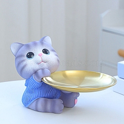 Cute Resin Cat Tray Figurines, Entrance Jewelry Key Storage for Home Desktop Decoration, Cornflower Blue, 135x110x90mm(PW-WG66233-03)