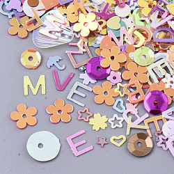 Ornament Accessories, PVC Plastic Paillette/Sequins Beads, Mixed Shapes with Letter, Mixed Color, 2~11x3~12x0.4~1mm, Hole: 0.9~1mm(PVC-N001-09)