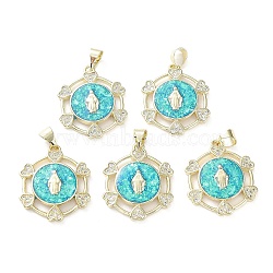 Rack Plating Brass Micro Pave Clear Cubic Zirconia Pendants, with Synthetic Opal, Cadmium Free & Lead Free, Long-Lasting Plated, Real 18K Gold Plated, Flat Round, Heart, 23x19.5x3mm, Hole: 6x4mm(KK-C041-06D-G)