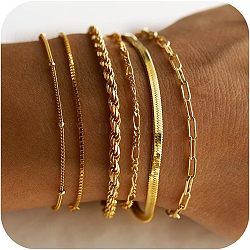 6Pcs Bohemian Style Alloy Chain Bracelets Kit for Women, Real 14K Gold Plated, 7-7/8 inch(20cm)(WG2620E-02)