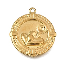 304 Stainless Steel Pendants, Flat Round with Flower Charms, Golden, 20.5x18.5x2.5mm, Hole: 1.3mm(SA-CBAF4B0-02G-03)