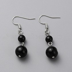 Natural Black Onyx Round Beaded Dangle Earrings, Platinum Plated Iron Jewelry for Women, 43mm, Pin: 0.7mm(EJEW-WH0001-11A)