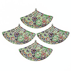 430 Stainless Steel Big Pendants, Spray Painted, Etched Metal Embellishments, Flower Pattern, Fan, Lime Green, 34.5x55x0.6mm, Hole: 1.2mm(STAS-T061-22-B01)