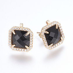 Brass Micro Pave Cubic Zirconia Stud Earring Findings, with Loop, Glass, Square, Golden, Black, 17mm, Hole: 0.5mm, Pin: 0.8mm(X-ZIRC-G116-29-B01)