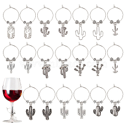 Cactus Tibetan Style Alloy Wine Glass Charms, with Brass Hoop Earring Findings, Antique Silver & Platinum, 52~58mm, 10 style, 2pcs/style, 20pcs/set(AJEW-AB00118)
