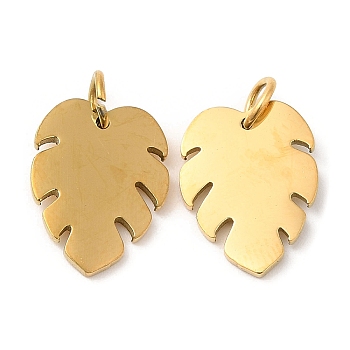 Vacuum Plating 304 Stainless Steel Pendants, with Jump Ring, Monstera Leaf Charm, Golden, 15x11.5x1.4mm, Hole: 3.2mm