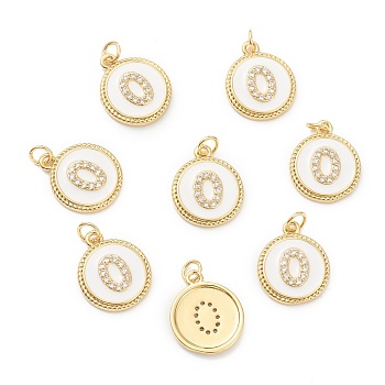 Brass Micro Pave Clear Cubic Zirconia Charms, Long-Lasting Plated, with Jump Rings and White Enamel, Flat Round with Number, Real 18K Gold Plated, Num.0, 14.5x12x2mm, Hole: 1.5mm