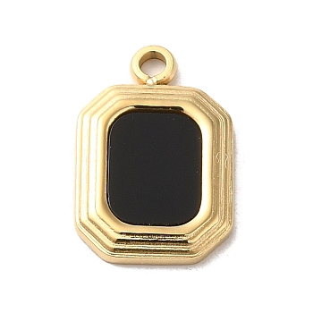 304 Stainless Steel Pendants, with Enamel, Real 14K Gold Plated, Octagon Charm, Black, 15x10x1.5mm, Hole: 1.5mm
