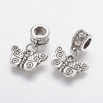 Tibetan Style Alloy European Dangle Charms, Large Hole Pendants, Butterfly, Antique Silver, 21mm, Hole: 5mm, Pendant: 10x15x3mm