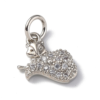 Brass Micro Pave Cubic Zirconia Charms, with Jump Ring, Fox Charms, Platinum, 10x10.5x2.5mm, Hole: 3mm