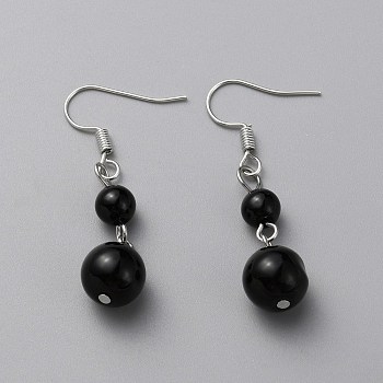 Natural Black Onyx Round Beaded Dangle Earrings, Platinum Plated Iron Jewelry for Women, 43mm, Pin: 0.7mm