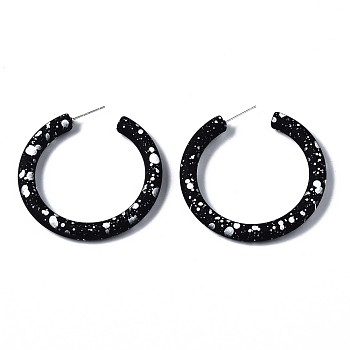 Spray Painted CCB Plastic Stud Earrings, Half Hoop Earrings, Ring, Silver, Black, 46x5.5mm, Pin: 0.7mm