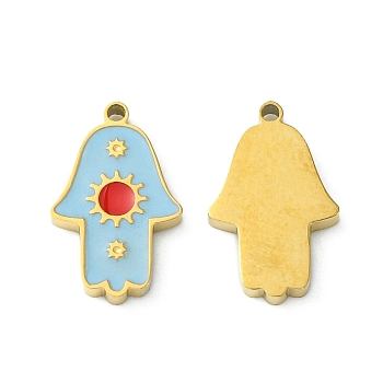 Ion Plating(IP) 304 Stainless Steel Manual Polishing Charms, with Enamel, Hamsa Hand/Hand of Miriam with Sun, Golden, 12x7.5x1.5mm, Hole: 0.9mm