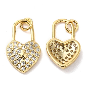 925 Sterling Silver Micro Pave Cubic Zirconia Charms, Heart Lock with Star Charm, with Jump Ring, Real 18K Gold Plated, 14x9x2.5mm, Hole: 2.3mm