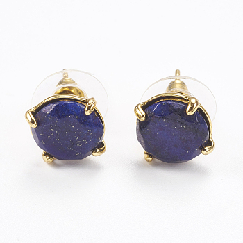 Natural Lapis Lazuli Stud Earrings, with Golden Tone Brass Findings, Faceted Flat Round, 11mm, Pin: 0.8mm