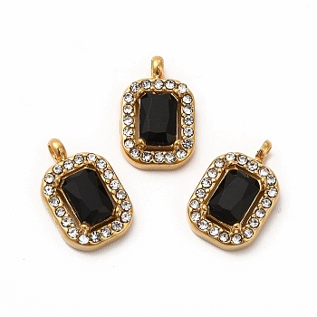 Vacuum Plating 304 Stainless Steel Cubic Zirconia Pendants, with Rhinestone, Rectangle Charms, Black, 13x8.5x3.5mm, Hole: 1.8mm